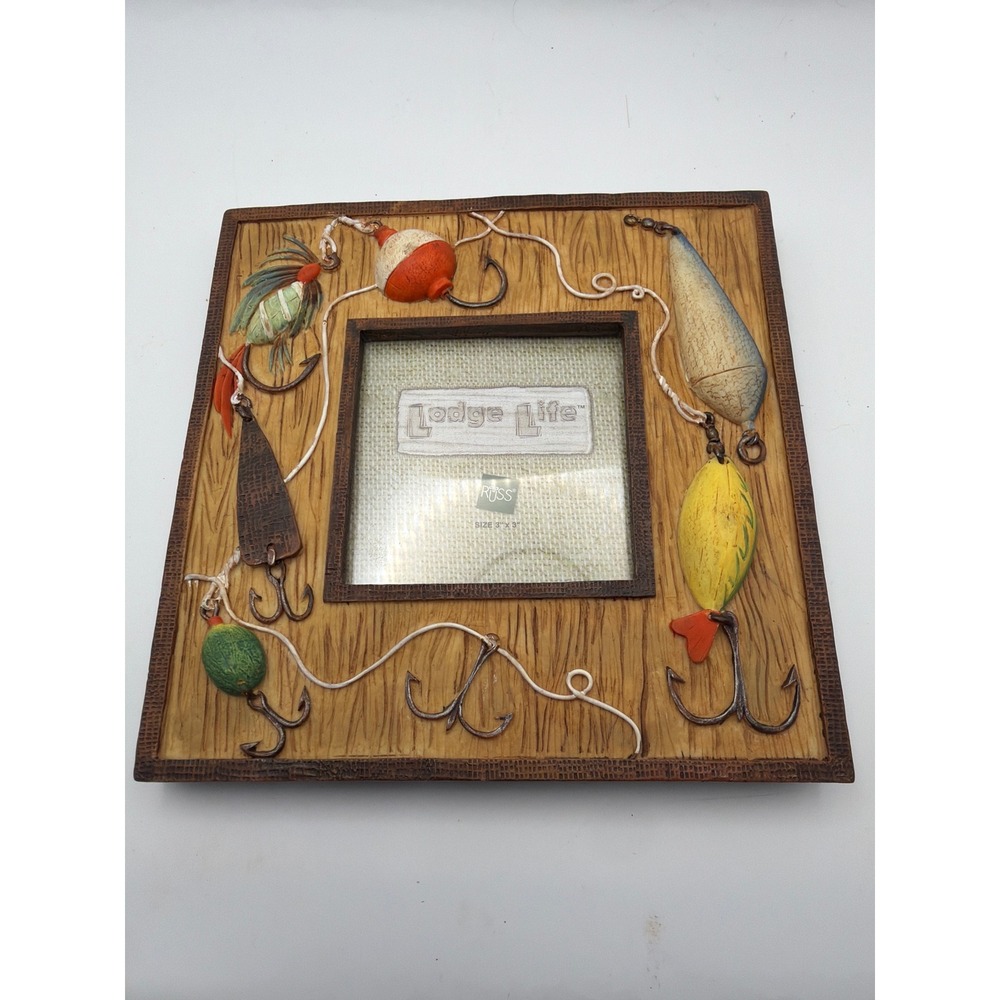 Russ Berrie Lodge Life Fishing Lure Picture Frame Rustic Cabin Decor 3x3 Photo